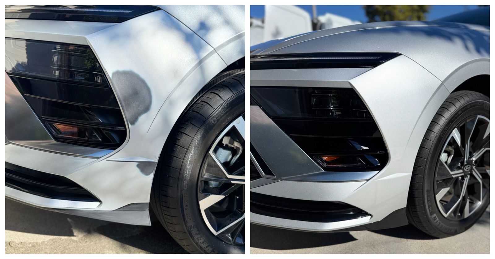 Before and after: silver Hyundai Kona fender sanded, painted, and blended