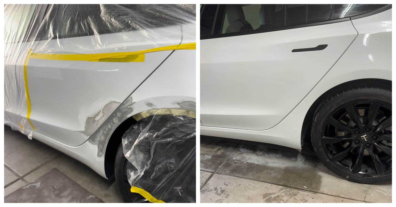 Before and after: white Tesla Model 3 fender and door repaired and repainted