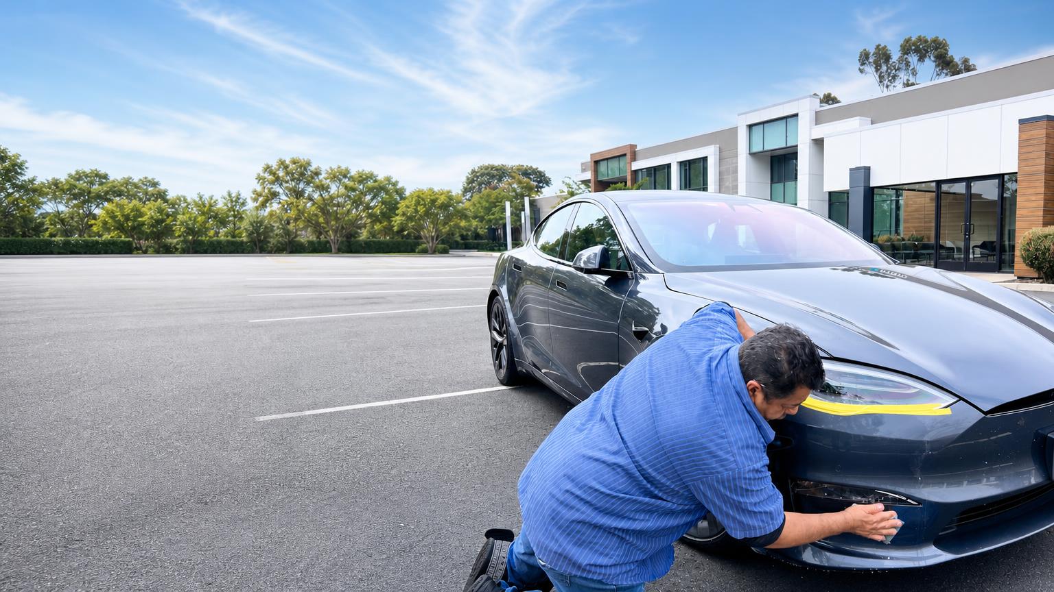 Technician working on a Tesla's front bumper with masking tape in a parking lot